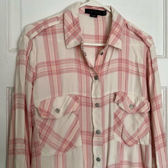 Sanctuary pink plaid boyfriend shirt snap button closure button down top S - Picture 2 of 11